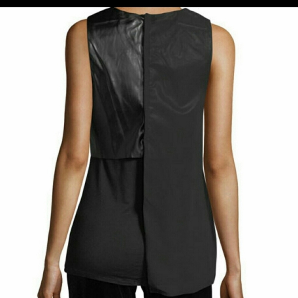 NWT!  Joan Vass faux leather sheer overlay top